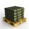 3D render of a wooden pallet filled with realistic green military grenades