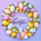 3D render Wreath with easter eggs.Festive Happy Easter background. Festive design with realistic decorations.