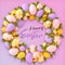 3D render Wreath with easter eggs.Festive Happy Easter background. Festive design with realistic decorations.