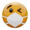 3D render of yellow emoji face that wink in medical mask protecting from coronavirus 2019-nCoV