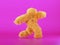 3d render, yellow furry beast cartoon character walking or dancing, isolated on pink background, active posing. Fluffy plush toy.