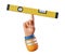 3d render, yellow level tool balancing on finger of cartoon human hand. Professional builder. Construction icon. Renovation