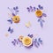 3d render, yellow paper flowers on violet background, festive floral bouquet, clip art set, botanical arrangement, design elements