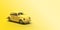 3d render Yellow retro toy car on yellow background. Summer travel concept. Taxi