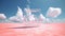 3d rendered Abstract aesthetic background. Surreal fantasy landscape. Water, pink desert, neon square shape chrome