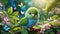 3D rendered baby parrot, cute big eyes, in a garden full of butterflies, lush greenery.