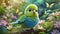 3D rendered baby parrot, cute big eyes, in a garden full of butterflies, lush greenery.