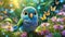 3D rendered baby parrot, cute big eyes, in a garden full of butterflies, lush greenery.