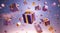 3D rendered Celebrate Festive Purple and Gold Gift Boxes Floating in the Air