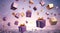 3D rendered Celebrate Festive Purple and Gold Gift Boxes Floating in the Air