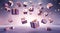 3D rendered Celebrate Festive Purple and Gold Gift Boxes Floating in the Air