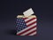 3D rendered concept illustration of voting box with US flag painted on front and voting ballot in envelope