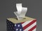 3D rendered conceptual illustration of a voting box with US flag and blank ballots