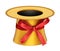 3D rendered golden decoration top hat with red ribbon