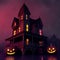 3D rendered Halloween background with pumpkins and haunted house