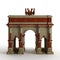 3D rendered horses statues standing atop an ornate stone archway