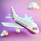 3D rendered illustration of an airplane flying amidst clouds against a violet background, Generative Ai