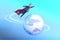 3D Rendered illustration of businessman in a superhero clothes, flying towards the globe or earth. Concept of opening new markets