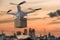 3D rendered illustration of flying drone delivering package at sunset