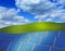 3d rendered illustration with green grass field and stack of solar panels.