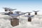 3D rendered illustration of many drones flying above the clouds and delivering packages