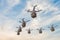 3D rendered illustration of many drones flying in the sky and delivering packages