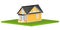 3D rendered illustration of a tiny home on a square grassy plot of land or yard. Isolated over white.