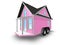 3D Rendered Illustration of a tiny pink house on a trailer.