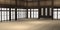 3d rendered illustration of a traditional karate dojo or school with training mat and rice paper windows.