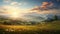 A 3D-rendered image captures a radiant sunrise over a serene countryside