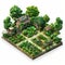 3D rendered isometric community garden eco-friendly urban space