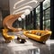 3D rendered luxury hotel reception contemporary lounge, striking yellow seating