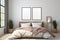 3D rendered modern bedroom mockup with white wall, two vertical frames