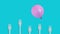 3D-rendered pink balloon floating above moving plastic forks on a blue background