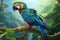 3D rendered, radiant blue green macaw perches on a branch in stunning illustration