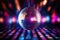 3D rendered shiny disco ball against vibrant neon light backdrop