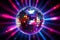 3D rendered shiny disco ball against vibrant neon light backdrop