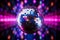 3D rendered shiny disco ball against vibrant neon light backdrop