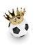 3d rendered soccer ball with a golden crown over white