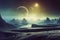 3d rendered Space Art: Alien Planet - A Fantasy frozen landscape with planets and dark sky