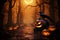 3D rendered spooky forest scene, Halloween pumpkins in eerie orange ambiance