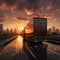 3D rendered truck Rear view, sunrise cityscape backdrop, signifies swift delivery logistics