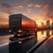 3D rendered truck Rear view, sunrise cityscape backdrop, signifies swift delivery logistics