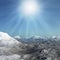 3d rendered Winter Landscape with snowy mountains and bright winter sun