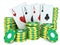 3d renderer image. Green casino tokens and Playing Cards.