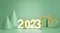 3d rendering 2023 number with green gift box, green cone on green background. concept happy new year 2023.