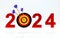 3D rendering of the 2024 goal and a round target with arrows on white background, New goal and achieving success concept