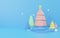 3d rendering of abstract Christmas tree scene blue background and white podium . Cute Christmas and Happy New Year on pastel backg