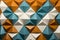 3d rendering of an abstract geometric wall with orange blue and white triangles