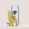 3d rendering. African cartoon man with suitcase, online tour booking